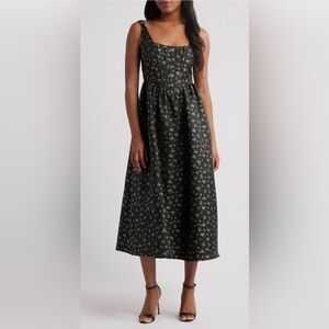 Lulus Celine Floral Corset Midi Dress Black Green Size Small